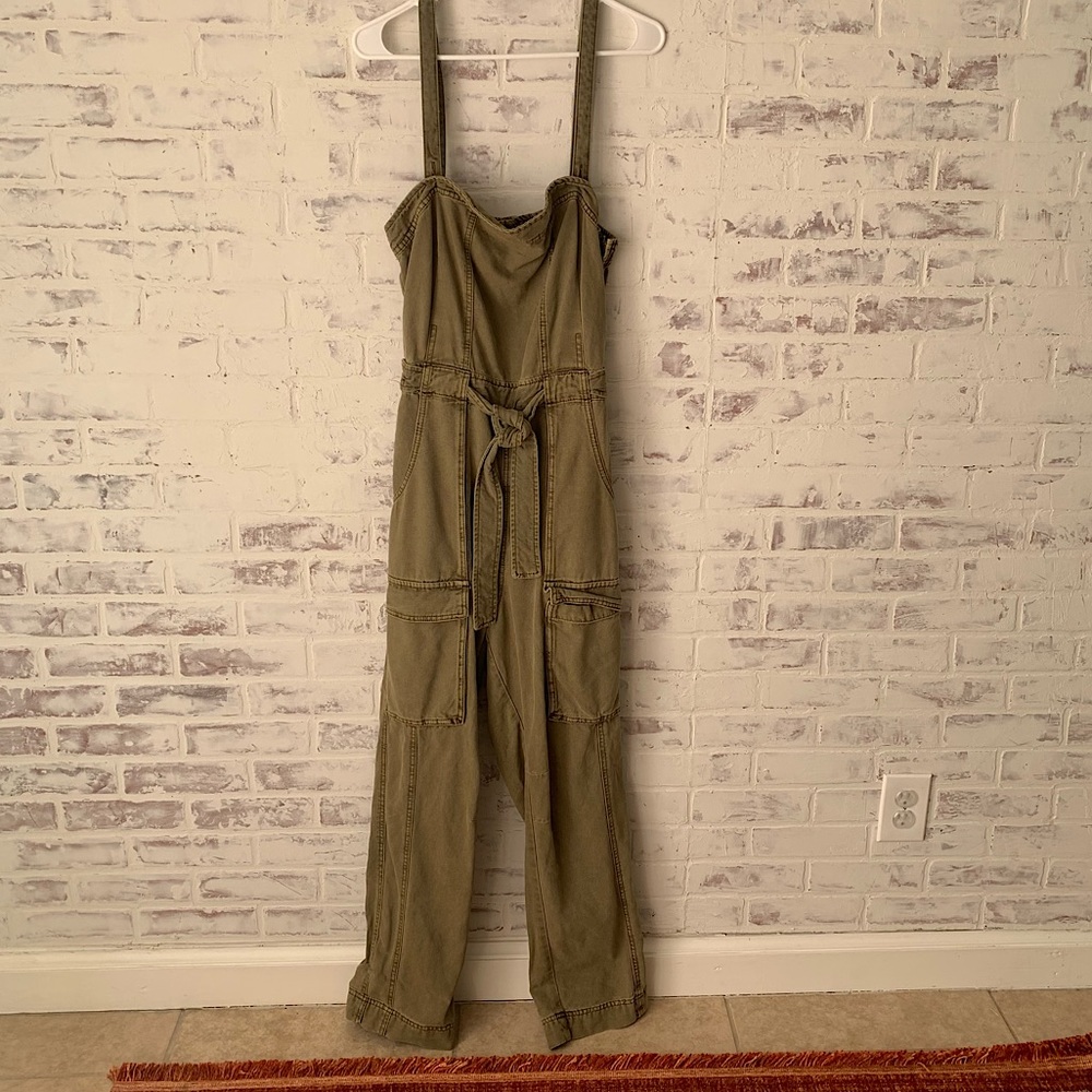 Free People Go West Utility Tie Waist Square Neck Sleeveless Jumpsuit NWT Sz. L